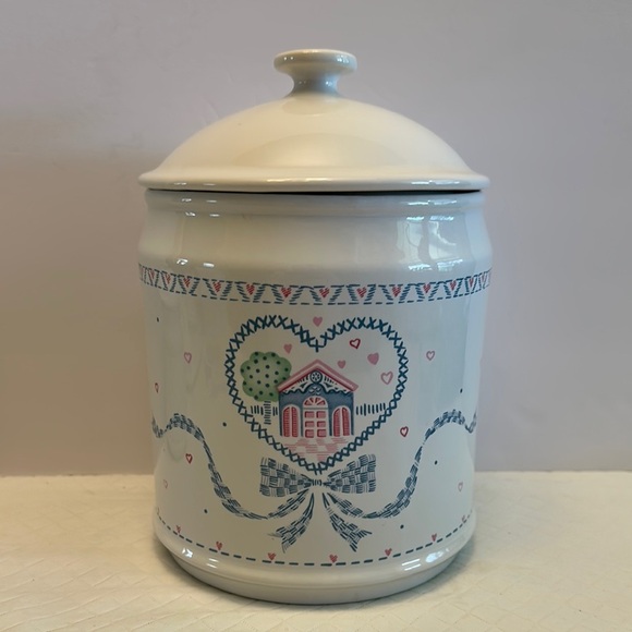 VTG 80s Stoneware White Ceramic Jar w/Heart and House Design Canister Large - Picture 2 of 9